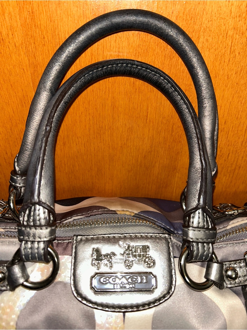 Coach Madison Op Art Sequined Bag Sophia Satchel Satin And Leather Purse - Picture 2 of 9